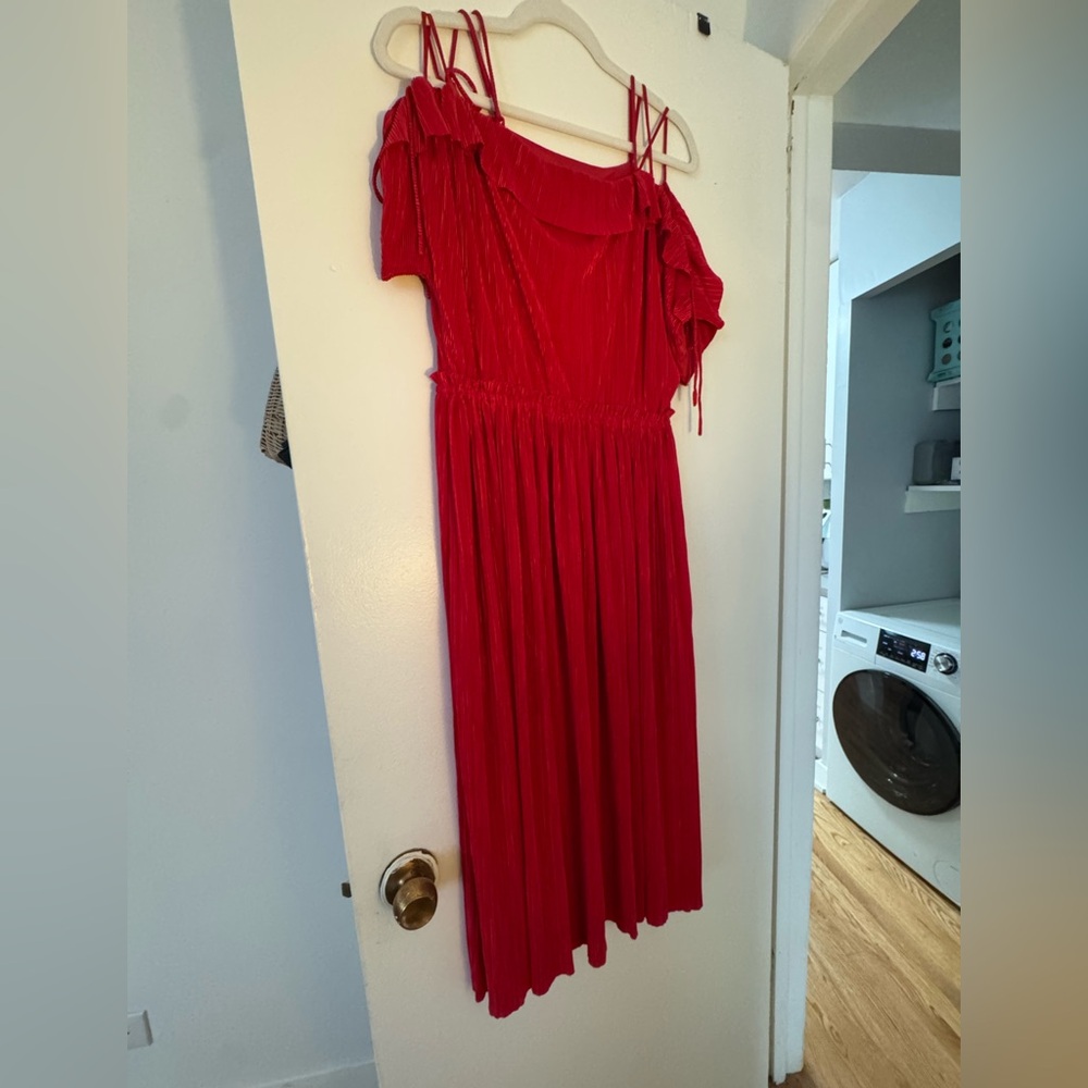 Red Pleated Midi Dress